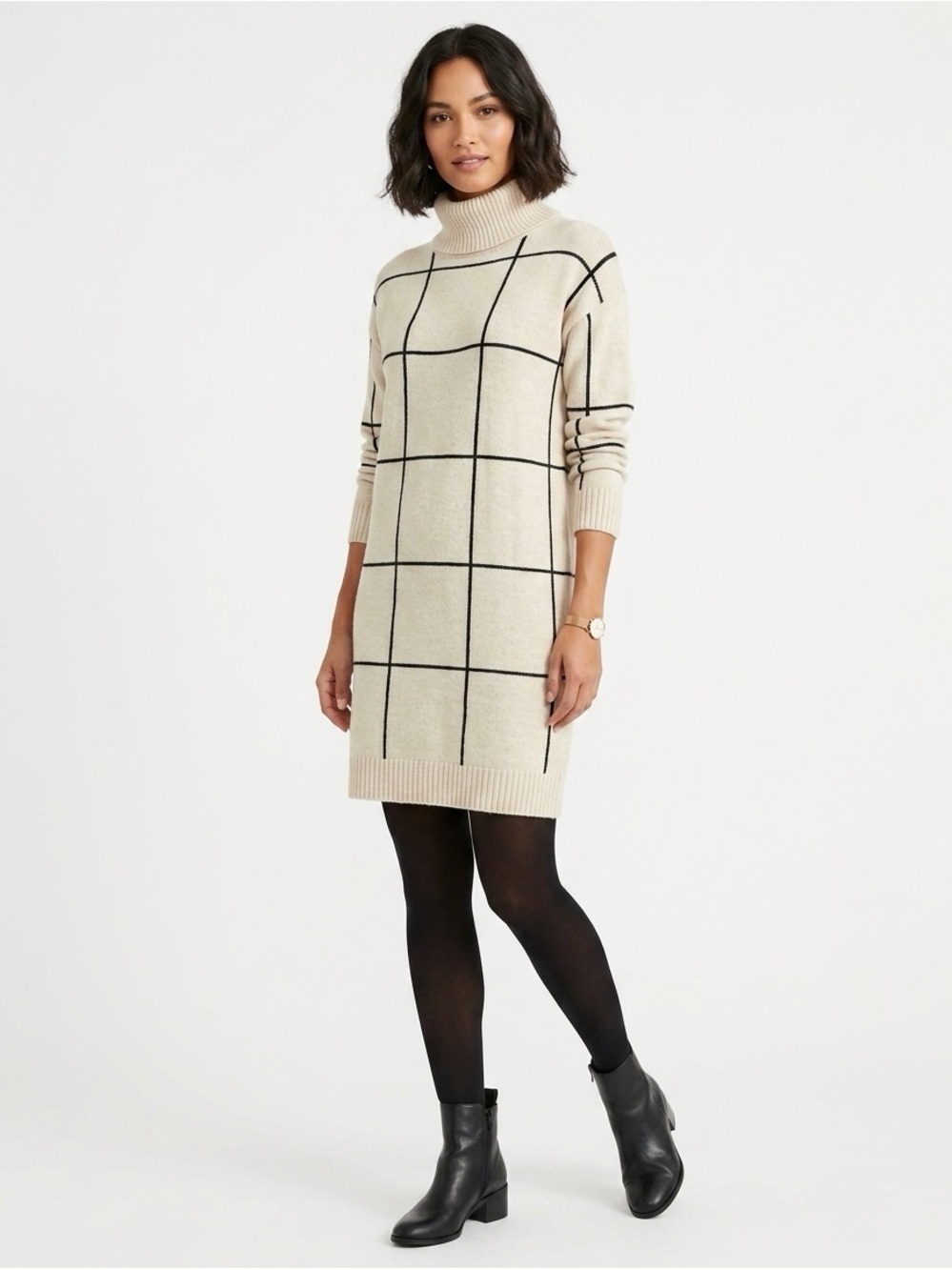 SHEIN Cream and Black Checkered Turtleneck Dress